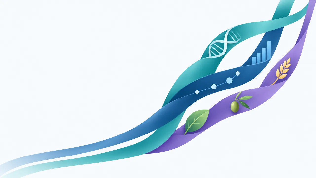Illustration of three coloured strands interlacing with a DNA helix, data and foods (AI-generated image)