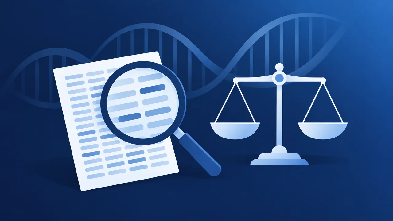 Illustration of a magnifying glass over a data sheet and a balanced scale (AI-generated image)